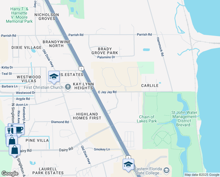 map of restaurants, bars, coffee shops, grocery stores, and more near 2405 East Jay Jay Road in Titusville