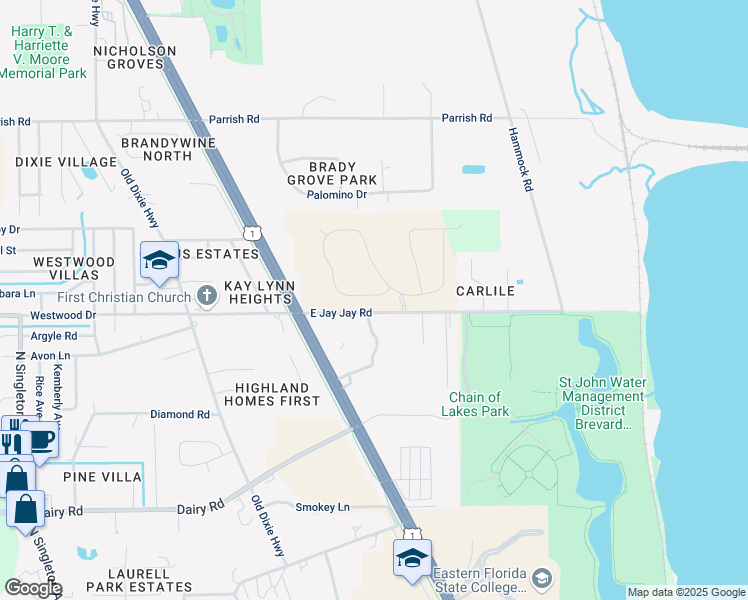 map of restaurants, bars, coffee shops, grocery stores, and more near 2355 East Jay Jay Road in Titusville