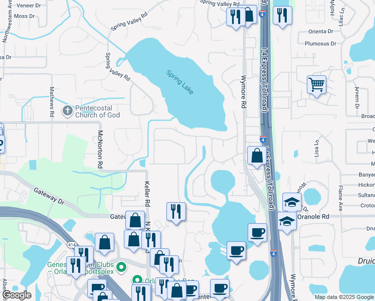 map of restaurants, bars, coffee shops, grocery stores, and more near 260 Spring Lake Hills Drive in Altamonte Springs