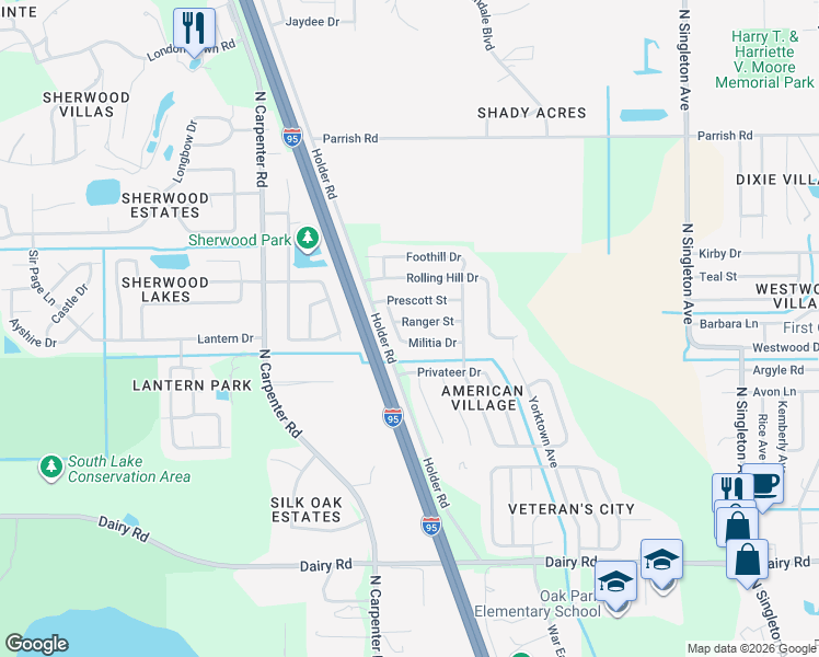 map of restaurants, bars, coffee shops, grocery stores, and more near 3736 Ranger Street in Titusville