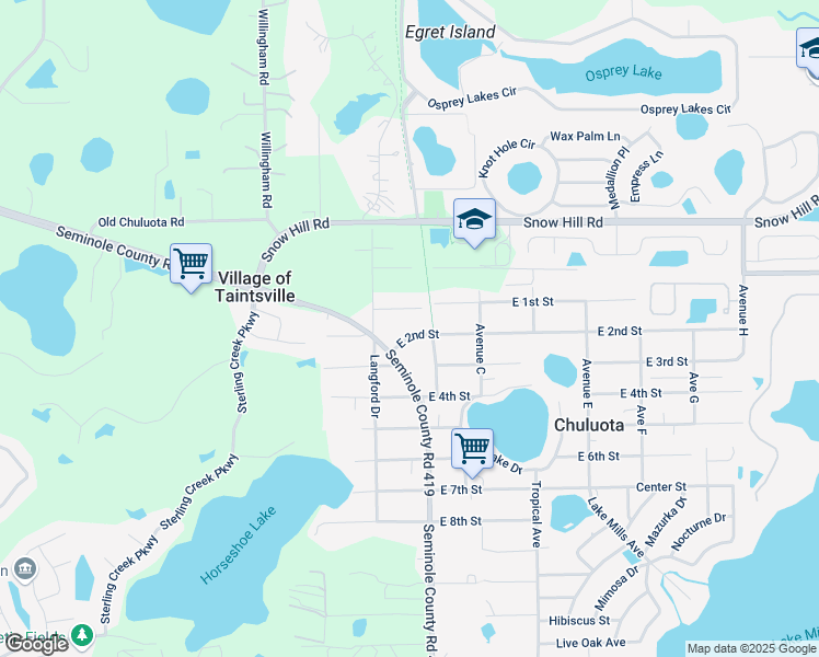 map of restaurants, bars, coffee shops, grocery stores, and more near 57 East 2nd Street in Chuluota