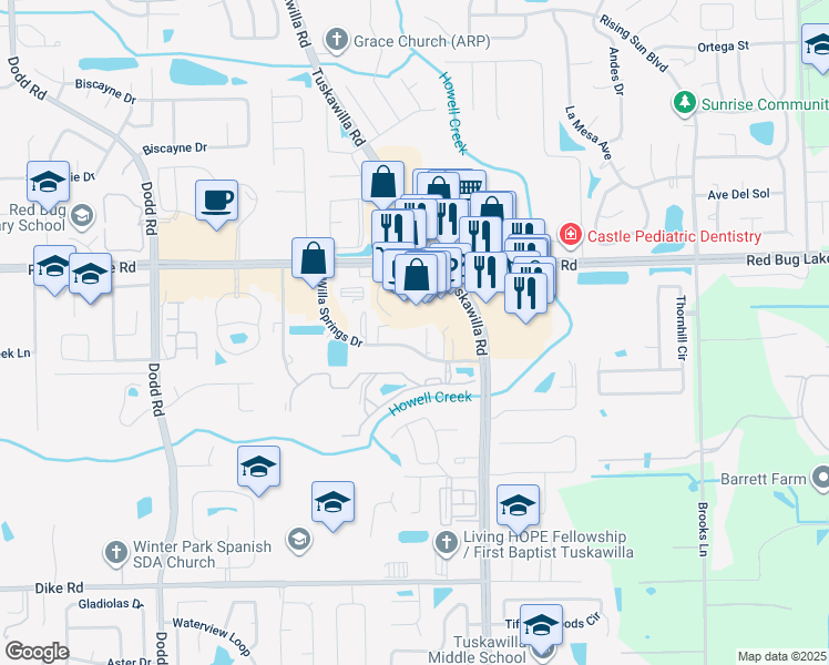 map of restaurants, bars, coffee shops, grocery stores, and more near 1037 Willa Springs Drive in Winter Springs