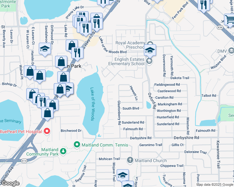 map of restaurants, bars, coffee shops, grocery stores, and more near 1539 Glastonberry Road in Maitland