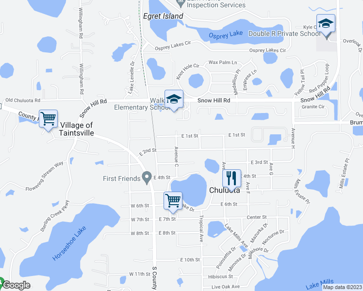 map of restaurants, bars, coffee shops, grocery stores, and more near 111 East 2nd Street in Chuluota