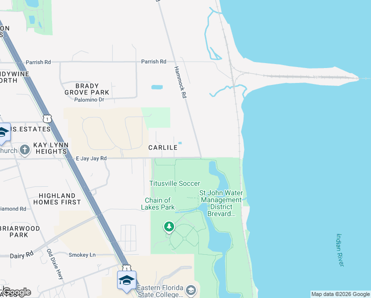map of restaurants, bars, coffee shops, grocery stores, and more near 2054 East Jay Jay Road in Titusville