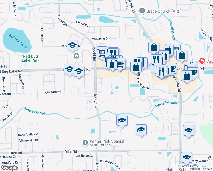 map of restaurants, bars, coffee shops, grocery stores, and more near 3884 White Birch Run in Winter Springs