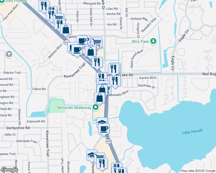 map of restaurants, bars, coffee shops, grocery stores, and more near 1014 Florida 436 in Casselberry