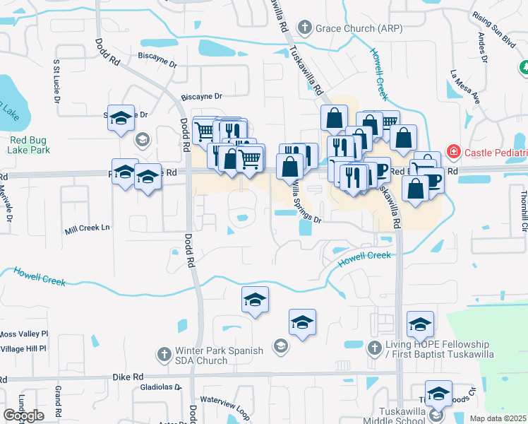 map of restaurants, bars, coffee shops, grocery stores, and more near 1024 Spring Villas Point in Winter Springs