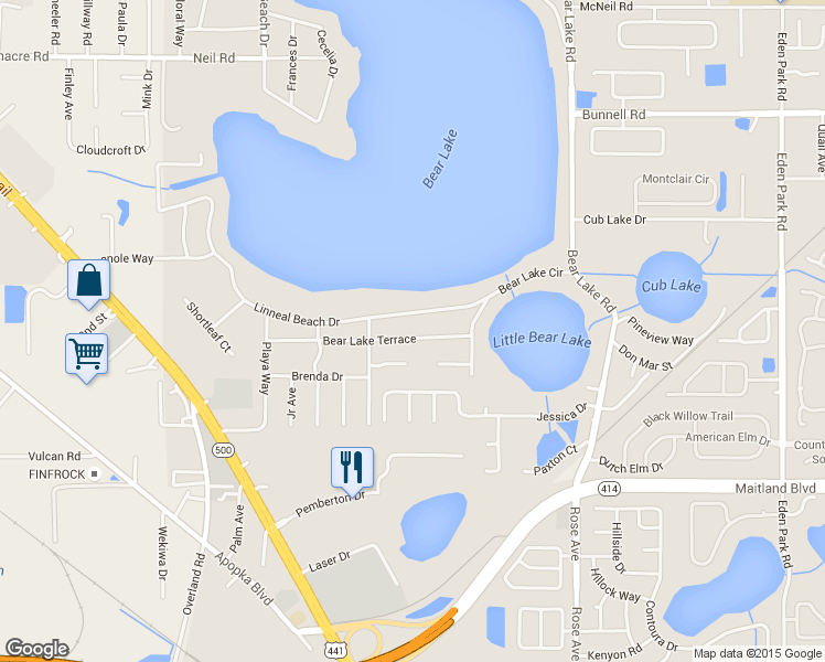 map of restaurants, bars, coffee shops, grocery stores, and more near 6127 Bear Lake Terrace in Apopka