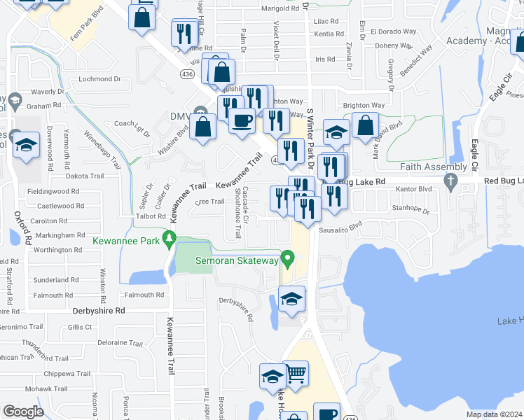 map of restaurants, bars, coffee shops, grocery stores, and more near 204 Esplanade Way in Casselberry