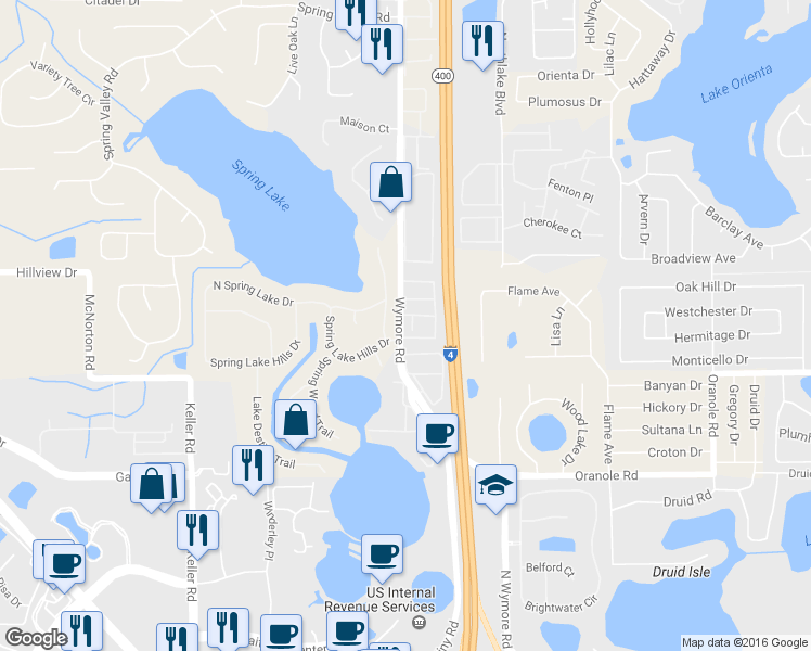 map of restaurants, bars, coffee shops, grocery stores, and more near 855 Wymore Road in Altamonte Springs