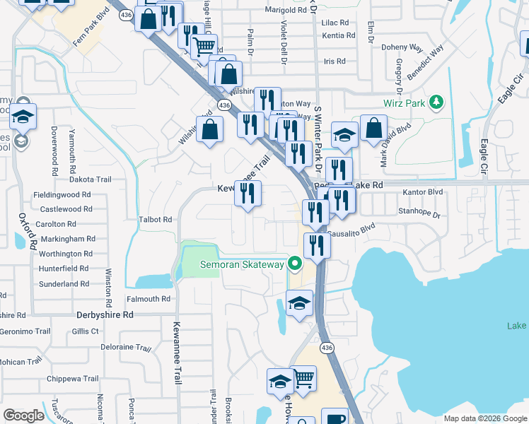 map of restaurants, bars, coffee shops, grocery stores, and more near 204 Esplanade Way in Casselberry