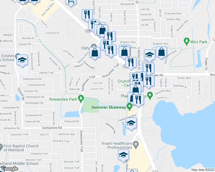 map of restaurants, bars, coffee shops, grocery stores, and more near 1905 Shoshonee Trail in Casselberry