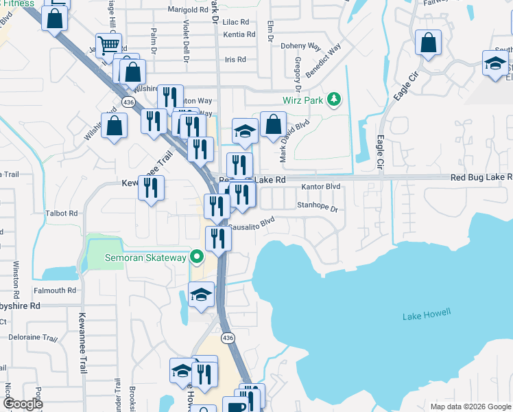 map of restaurants, bars, coffee shops, grocery stores, and more near 289 Drosdick Drive in Casselberry