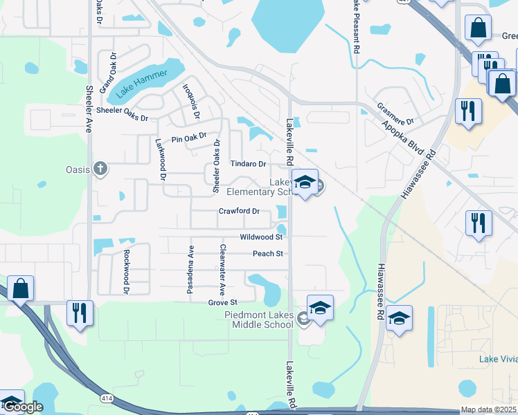 map of restaurants, bars, coffee shops, grocery stores, and more near 1541 Crawford Drive in Apopka