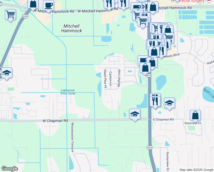 map of restaurants, bars, coffee shops, grocery stores, and more near 1629 Slash Pine Place in Oviedo