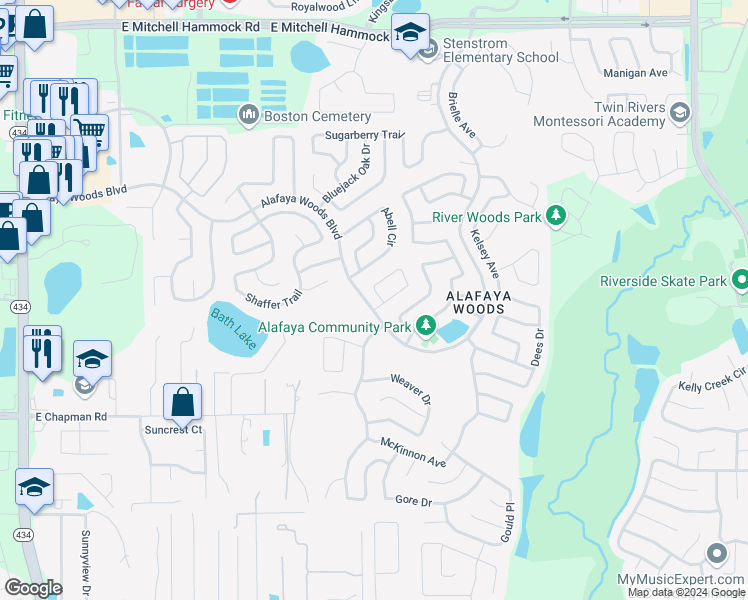 map of restaurants, bars, coffee shops, grocery stores, and more near 1002 Gwyn Circle in Oviedo