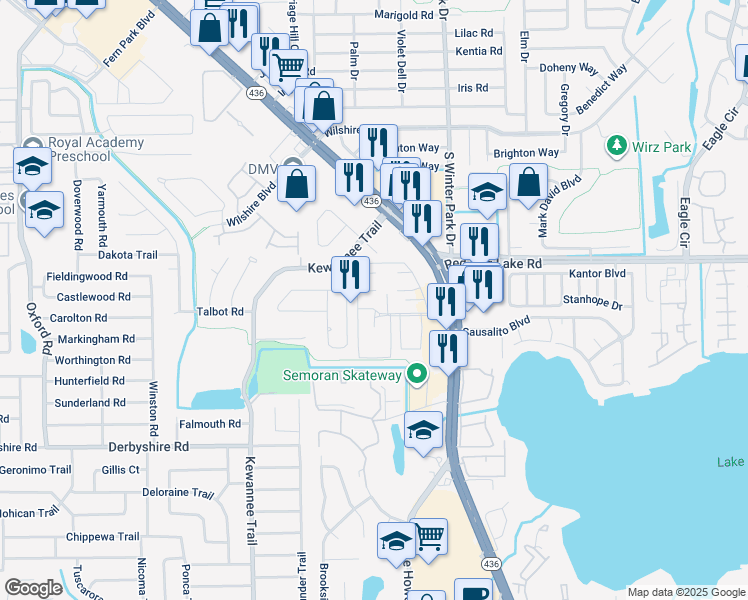 map of restaurants, bars, coffee shops, grocery stores, and more near 204 Esplanade Way in Casselberry