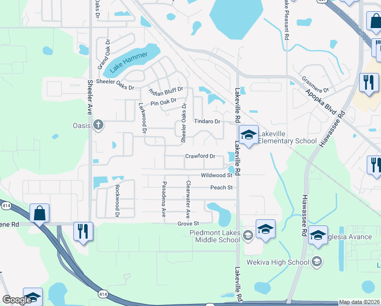 map of restaurants, bars, coffee shops, grocery stores, and more near 1417 Crawford Dr in Apopka