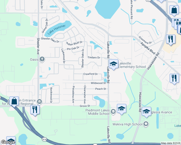 map of restaurants, bars, coffee shops, grocery stores, and more near 1509 Crawford Drive in Apopka