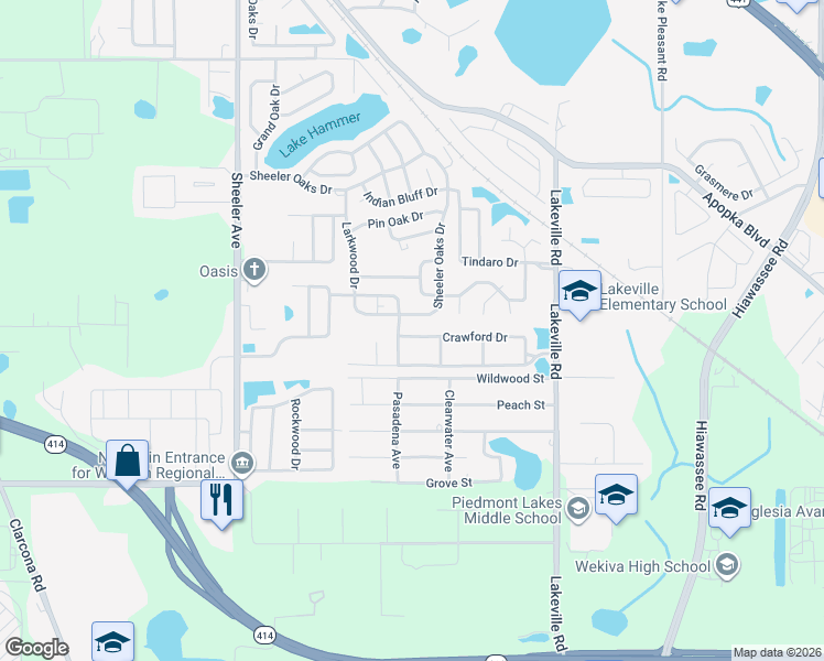 map of restaurants, bars, coffee shops, grocery stores, and more near 1317 Crawford Drive in Apopka