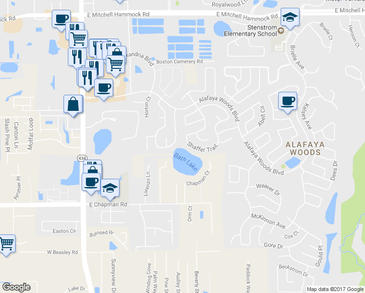 map of restaurants, bars, coffee shops, grocery stores, and more near 1066 Shaffer Trail in Oviedo