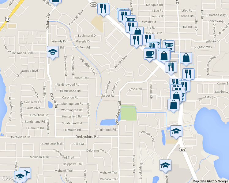 map of restaurants, bars, coffee shops, grocery stores, and more near 1910 Collier Drive in Casselberry
