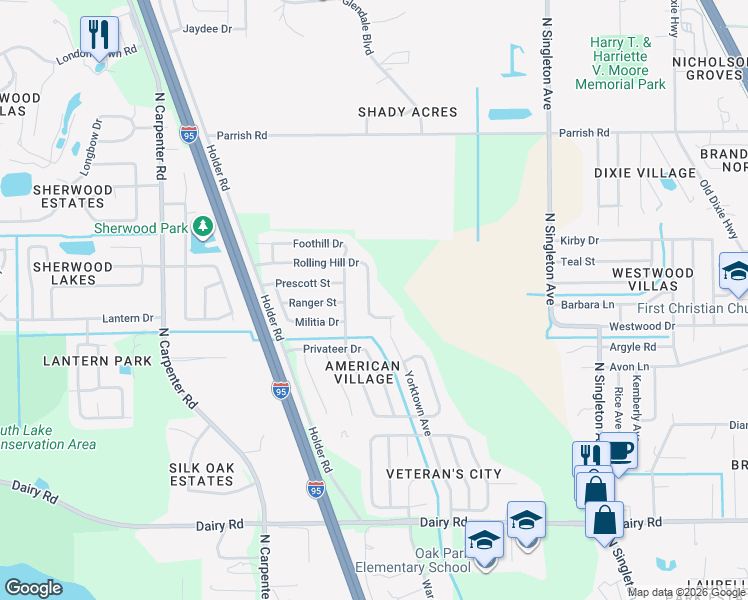 map of restaurants, bars, coffee shops, grocery stores, and more near 3928 Rolling Hill Drive in Titusville