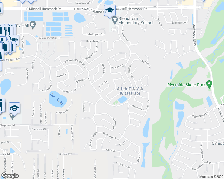 map of restaurants, bars, coffee shops, grocery stores, and more near 1031 Burnett Street in Oviedo
