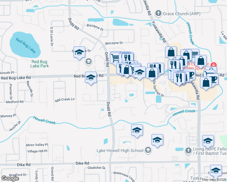 map of restaurants, bars, coffee shops, grocery stores, and more near 4051 Falling Lilly Court in Winter Springs