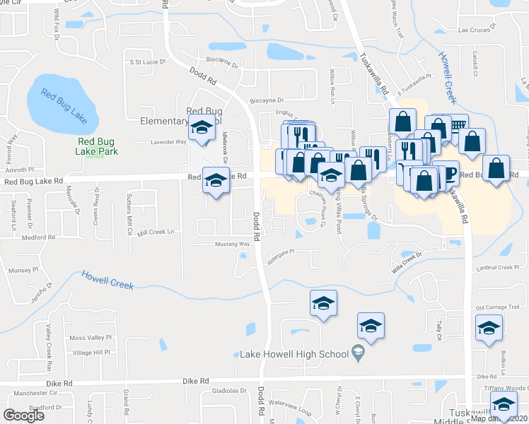 map of restaurants, bars, coffee shops, grocery stores, and more near 4051 Falling Lilly Court in Winter Springs