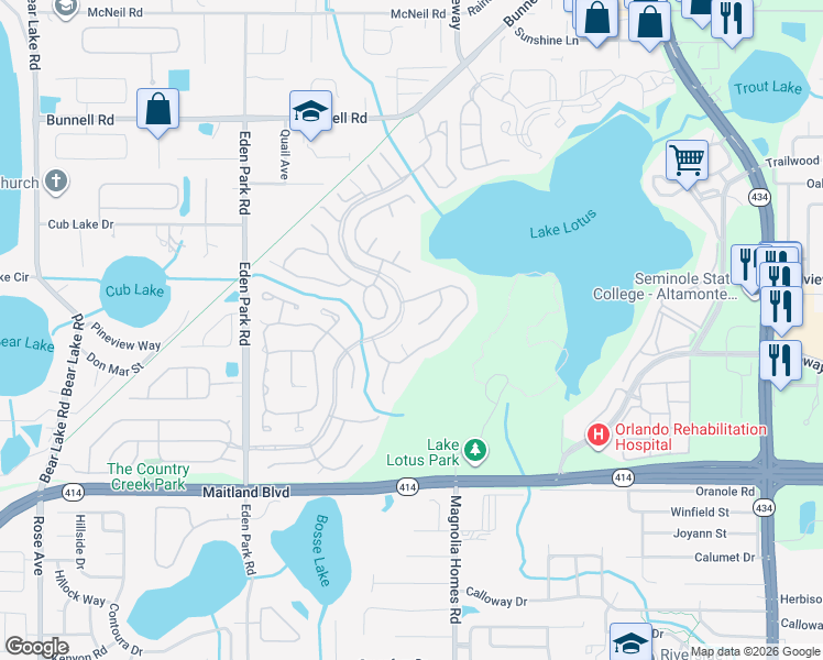 map of restaurants, bars, coffee shops, grocery stores, and more near 718 Pine Terrace Court in Altamonte Springs