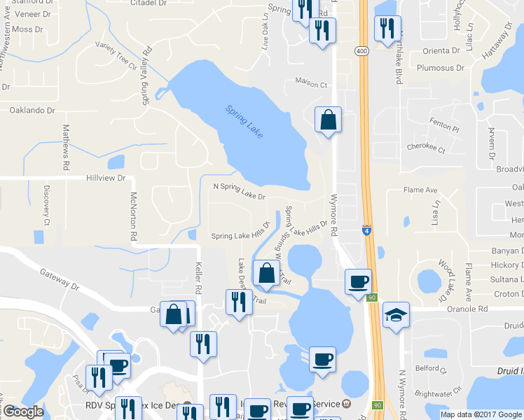 map of restaurants, bars, coffee shops, grocery stores, and more near 260 Spring Lake Hills Drive in Altamonte Springs