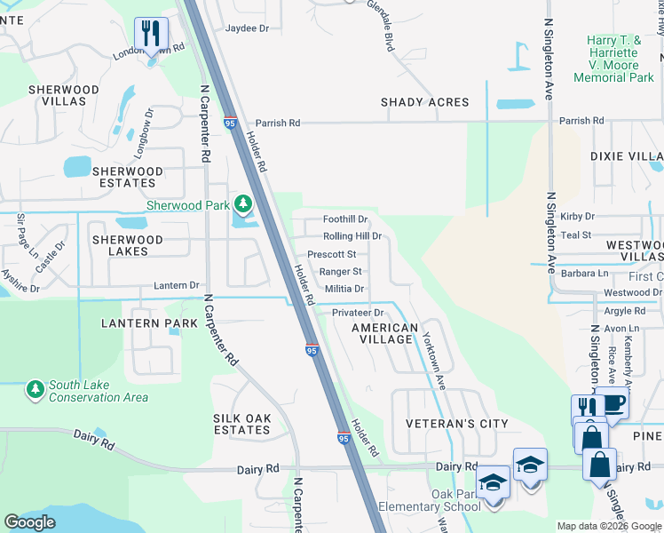 map of restaurants, bars, coffee shops, grocery stores, and more near 3736 Ranger St in Titusville
