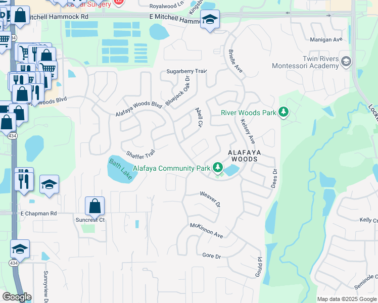 map of restaurants, bars, coffee shops, grocery stores, and more near 1006 Gwyn Circle in Oviedo