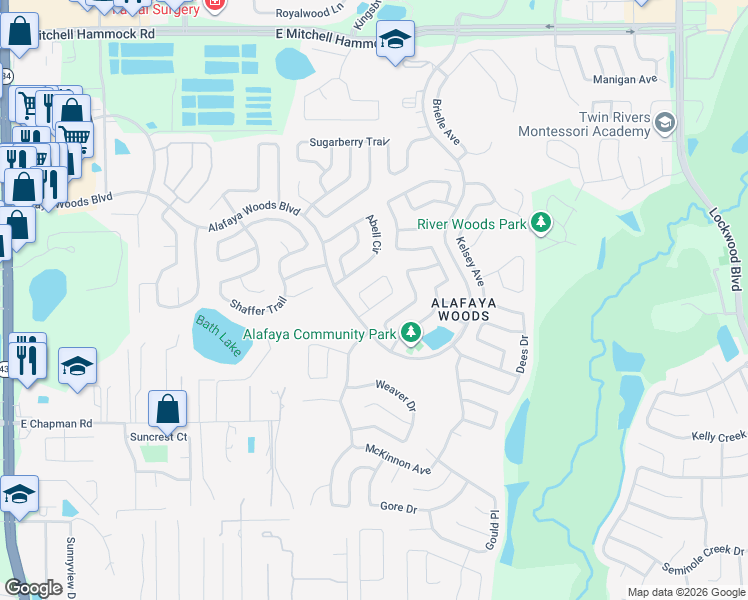 map of restaurants, bars, coffee shops, grocery stores, and more near 1061 Gwyn Circle in Oviedo