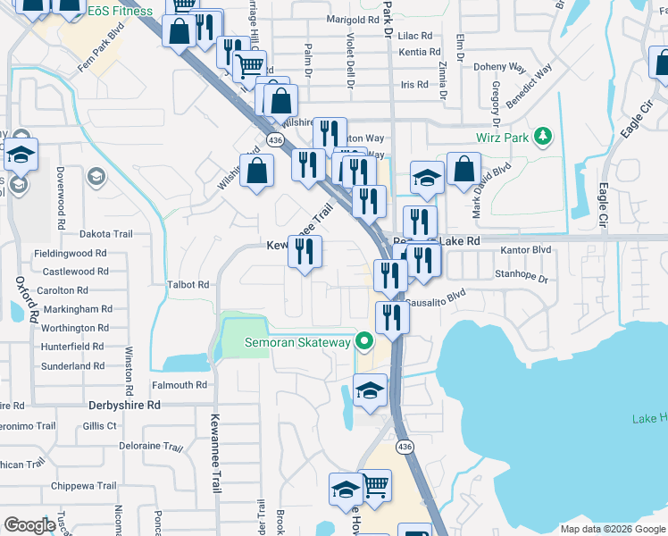 map of restaurants, bars, coffee shops, grocery stores, and more near 526 Etna Court in Casselberry