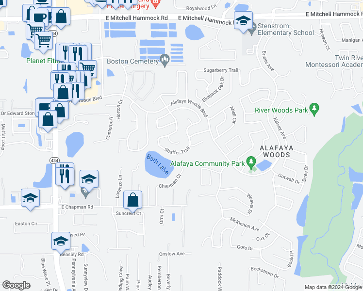 map of restaurants, bars, coffee shops, grocery stores, and more near 1011 Leinhart Court in Oviedo