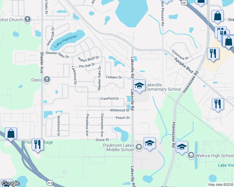 map of restaurants, bars, coffee shops, grocery stores, and more near 1509 Crawford Drive in Apopka