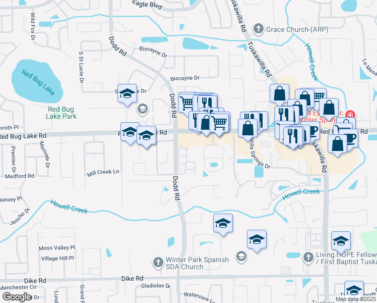 map of restaurants, bars, coffee shops, grocery stores, and more near 3884 White Birch Run in Winter Springs