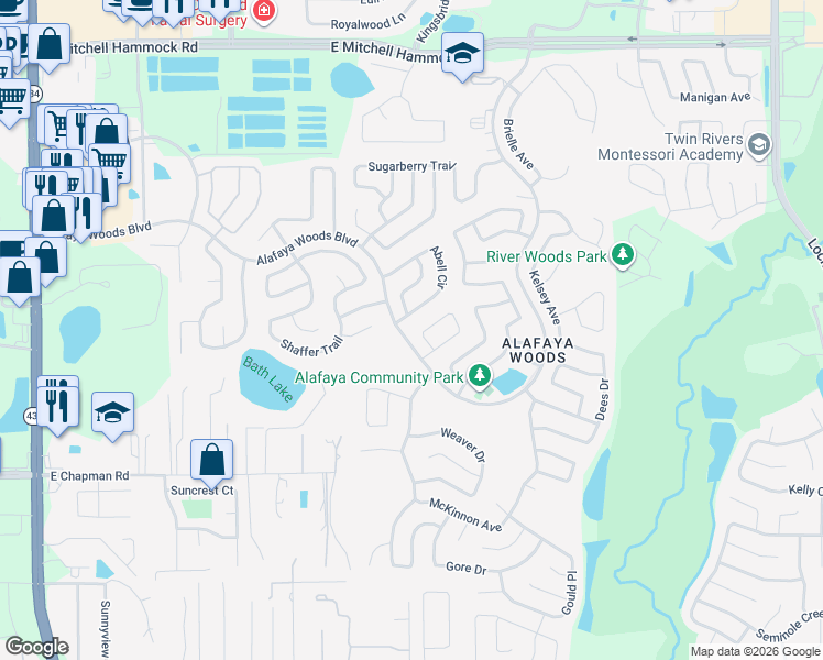 map of restaurants, bars, coffee shops, grocery stores, and more near 1006 Gwyn Circle in Oviedo