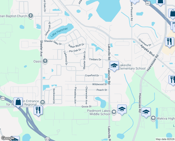 map of restaurants, bars, coffee shops, grocery stores, and more near 1417 Crawford Drive in Apopka