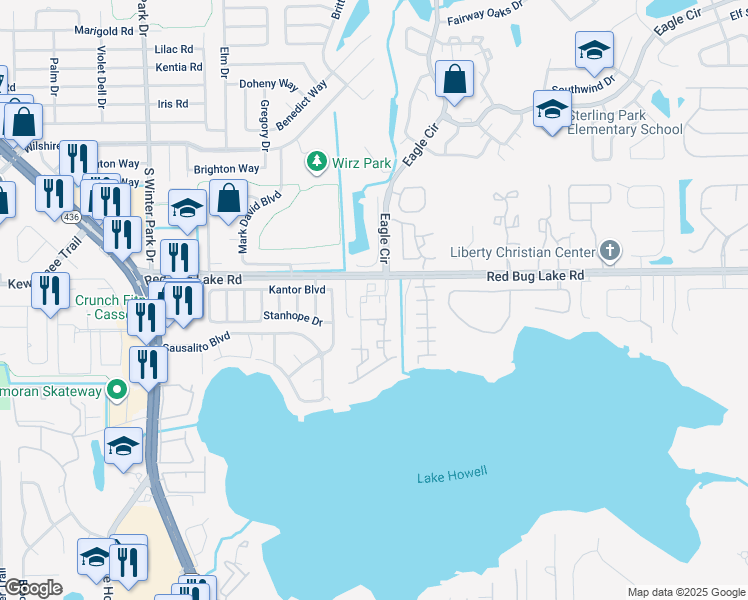 map of restaurants, bars, coffee shops, grocery stores, and more near 1124 Shoreview Circle in Casselberry