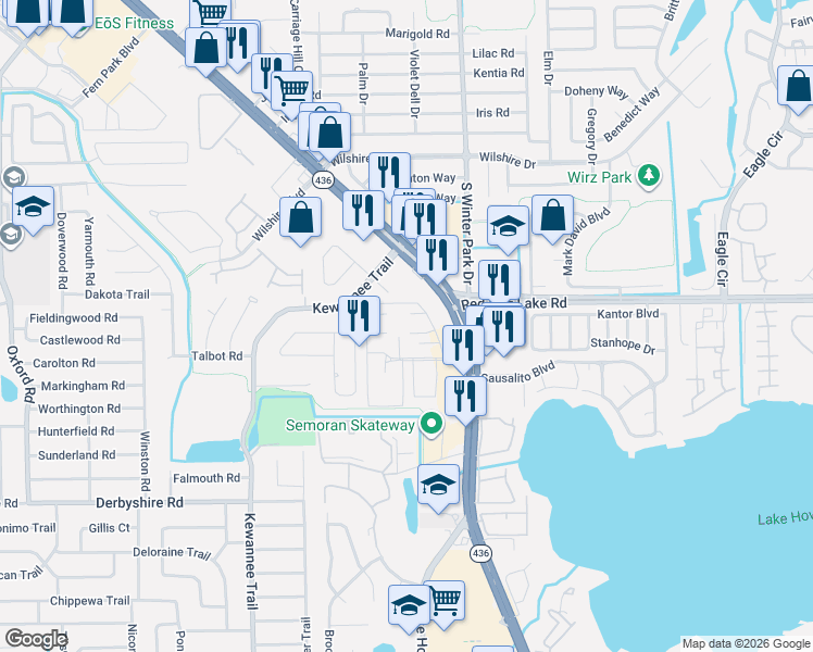map of restaurants, bars, coffee shops, grocery stores, and more near 204 Esplanade Way in Casselberry