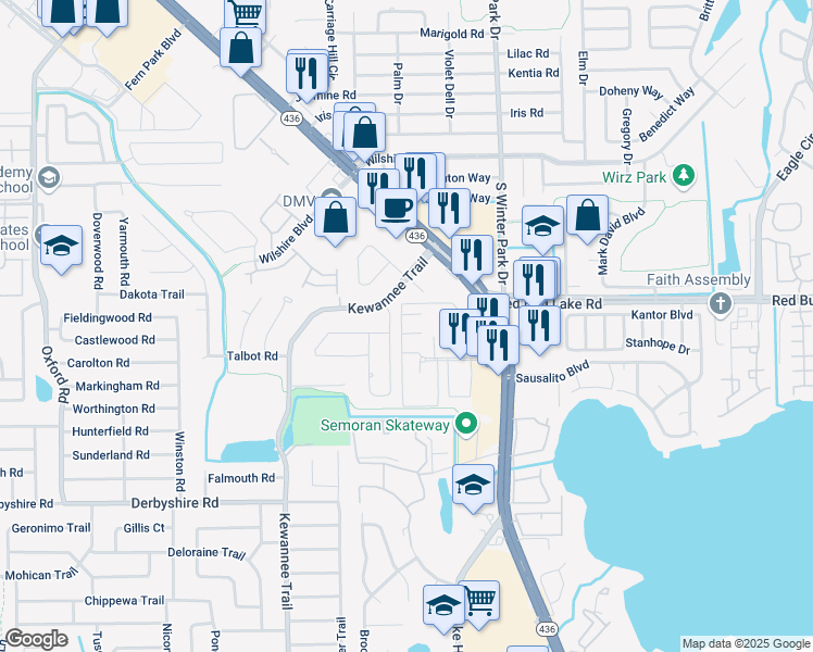 map of restaurants, bars, coffee shops, grocery stores, and more near 1905 Shoshonee Trail in Casselberry