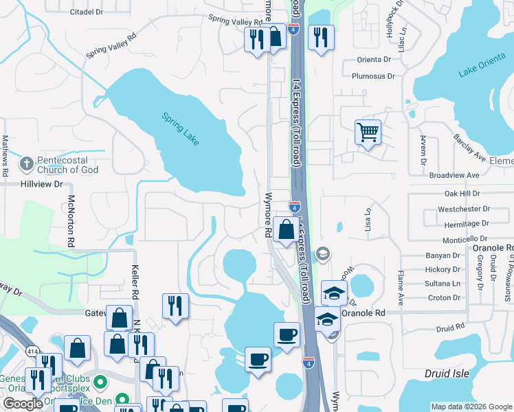 map of restaurants, bars, coffee shops, grocery stores, and more near 100 Spring Cove in Altamonte Springs