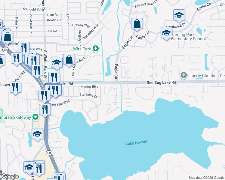 map of restaurants, bars, coffee shops, grocery stores, and more near 1124 Shoreview Circle in Casselberry