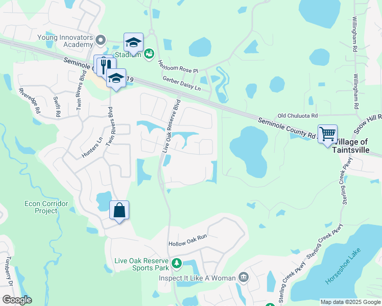 map of restaurants, bars, coffee shops, grocery stores, and more near 3495 Wading Heron Terrace in Oviedo