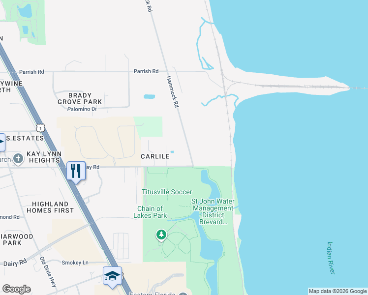map of restaurants, bars, coffee shops, grocery stores, and more near 2054 East Jay Jay Road in Titusville