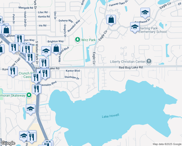 map of restaurants, bars, coffee shops, grocery stores, and more near 1124 Shoreview Circle in Casselberry